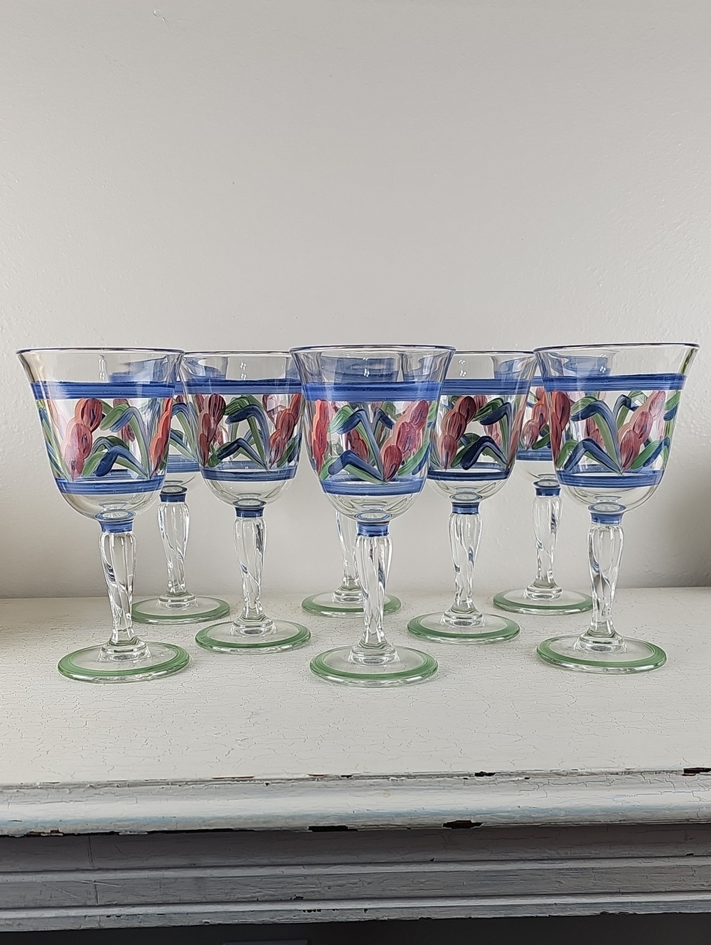 🍷 Vintage Gail Pittman Hand Painted Wine Goblets Set of 8 Rare